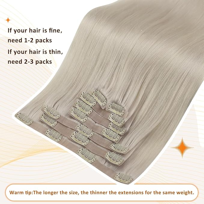 Full Shine Seamless Hair Extensions Clip in White Blonde Extensions Clip in Straight Real Human Hair for Women with PU Weft Full Head 16 Inch 120 G 8 PCS