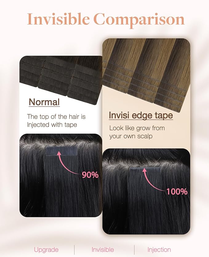 GOO GOO Invisi Edge Tape in Hair Extensions Human Hair, 2C/4E/6C Brown Sugar Swirl Highlights 10pcs injected with 10pcs classical tape ins, 18inch 50g, Virgin Remy Hair, Natural Look