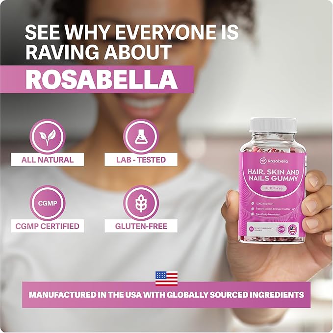 Rosabella® Hair Growth Vitamin Gummies [60 Gummies] Biotin for Faster Hair Growth Women & Men - Nail, Skin (5.000mcg Biotin) (60 Count (Pack of 3))