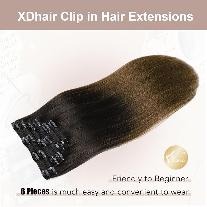 XDhair Clip in Hair Extensions Real Human Hair 100g 16 Inch 6Pcs Ombre Color Natural Black to Medium Brown Clip in Hair Extensions Natural Soft (#1BT4, 16 inch)