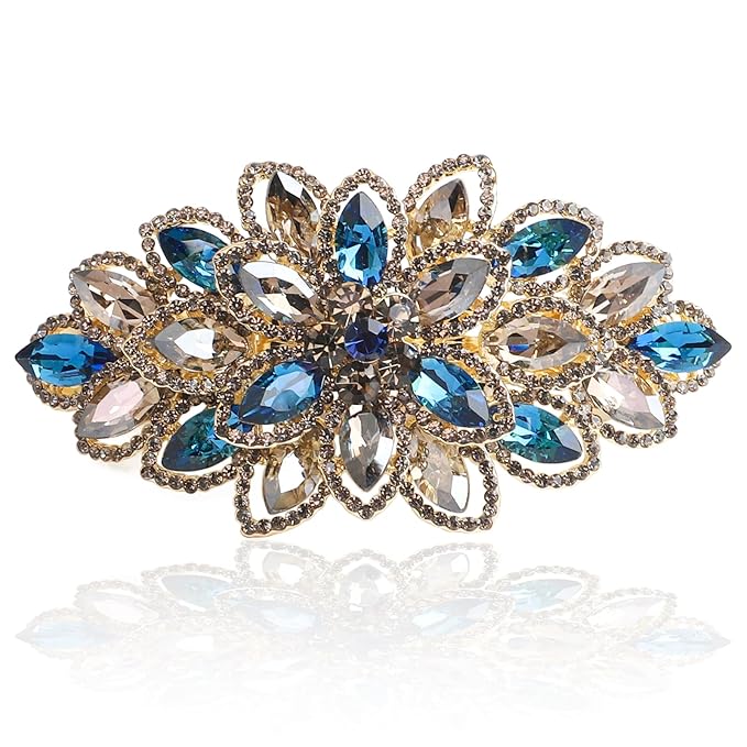 Luxury Gold-plated Rhinestone Hair Barrette for Women, Large Flower Jewelry Design (Navy)