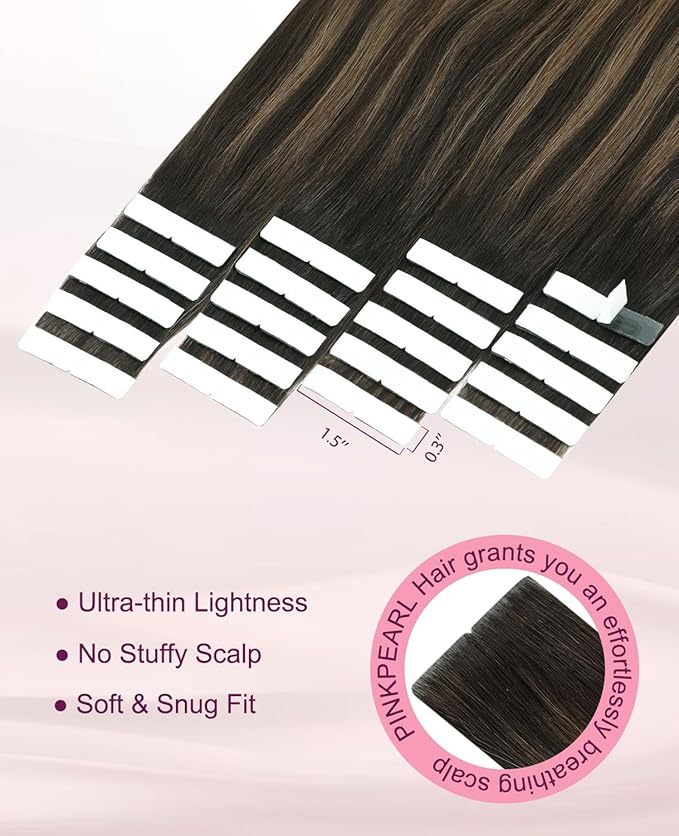 Pinkpearl Invisible Tape in Hair Extensions Human Hair, 20pcs 20inch 55g #2/6/18 Balayage Dark Brown to Chestnut Brown and Ash Blonde Injection Tape in Extensions Real Remy Human Hair Injected