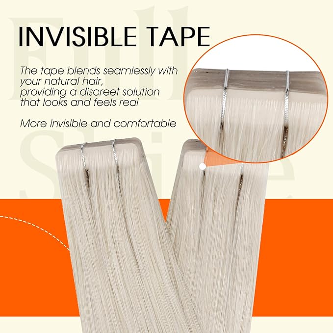 Full Shine Hair Extensions Real Human Hair Tape in Color 1000 Tape in Extensions Human Hair Injection Seamless Skin Weft Soft Straight Extension No Damage 50G 20Pcs Daily Office Look 20Inch