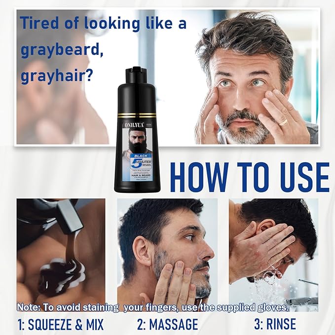 Men's Long-Lasting Black Hair Dye & Root Touch Up for Gray Coverage - 5 Minute Natural Beard & Mustache Coloring Shampoo 3-in-1