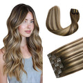 XDhair Clip in Hair Extensions 120g 22 Inch Chocolate Brown to Caramel Blonde Real Human Hair Extensions Balayage Clip in Hair Extensions Double Weft 6pcs (22inch, #4/27/4)