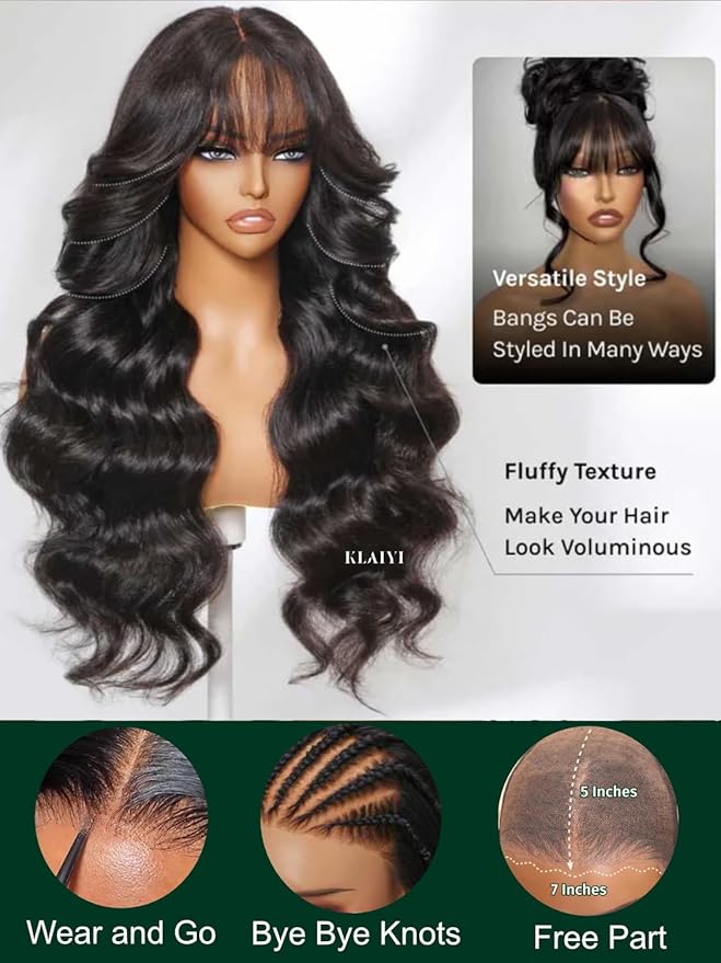 KLAIYI Fluffy Body Wave Curtain Bang Wig Bye Bye Knots Glueless Pre Cut 7x5 Lace Front Wigs Human Hair Loose Wave Pre Bleached Pre Plucked Pre Everything 3S Easy to Wear and Go Wig 180% Density 28Inch