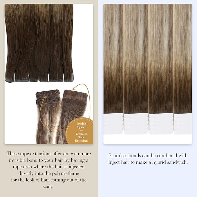 Full Shine Virgin Injection Tape in Hair Extensions 5Pcs Color 3 Brown Fading to 8 Ash Brown And 22 Blonde 14 Inch Seamless Intact Tape in Hair Remy Tape in Human Hair 10 Gram Natural Straight Hair