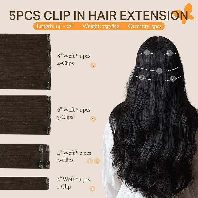 DOORES Clip in Hair Extensions, 5pcs 80g Dark Brown 20 Inch Remy Human hair Extensions Clip in Real Hair Extensions Natural