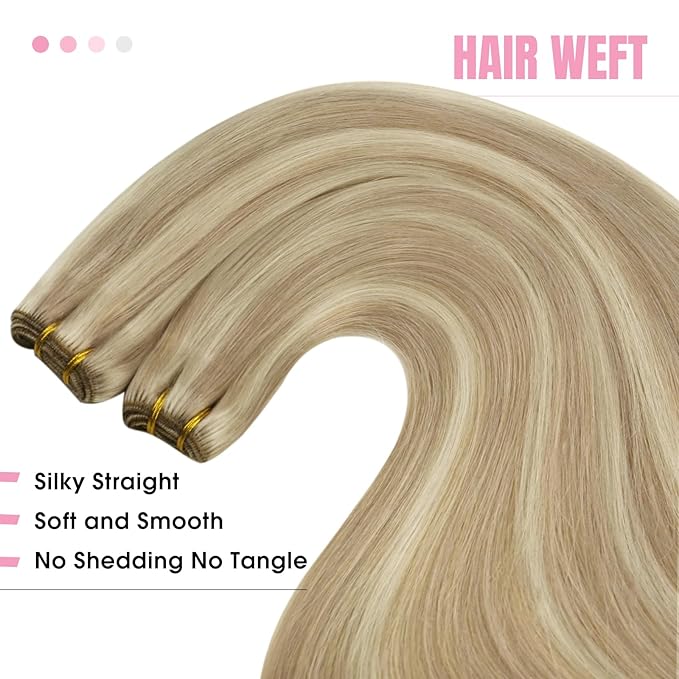 YoungSee 24Inch Weft Hair Extensions Human Hair Blonde Highlight Sew in Hair Extensions Golden Blonde Highlighted Dark Ash Blonde Smooth Double Weft Human Hair Extensions 100G