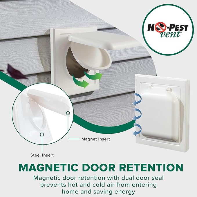NO-PEST VENT, Exclusive Dual Door Dryer Vent Cover Outdoor 4 inch with Collar, Made in USA w Highest UV Resistant Plastic in any Outdoor Vent Cover (White, 4" Plastic WIth Collar)