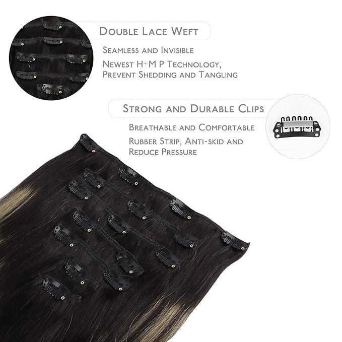 WENNALIFE Clip in Human Hair Extensions, 22 Inch 120g 7pcs Balayage Natural Black to Light Blonde Hair Extensions, Real Human Hair Remy Double Weft