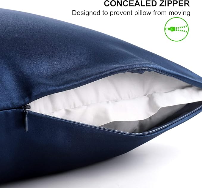 ALASKA BEAR Silk Pillowcase for Hair and Skin, Set of 2 Pure Genuine 22 Momme Mulberry Silk Pillow Cases King Size for Bliss Sleep Better Than Poly Satin, Zipper Closure(2pc, Navy)