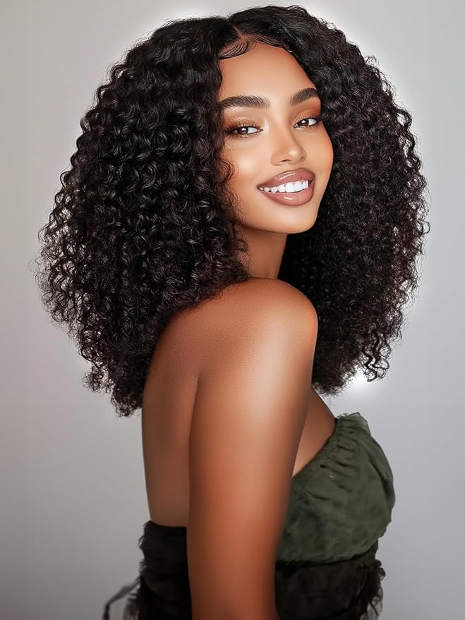 YIROO EasiContour V Part Wigs Human Hair Jerry Curly Glueless Human Hair Wigs Upgraded U Part Curly Wigs No Leave Out No Gel V Shape Clip in Half Wig Beginner Friendly Ready to Go Wig 18 inch