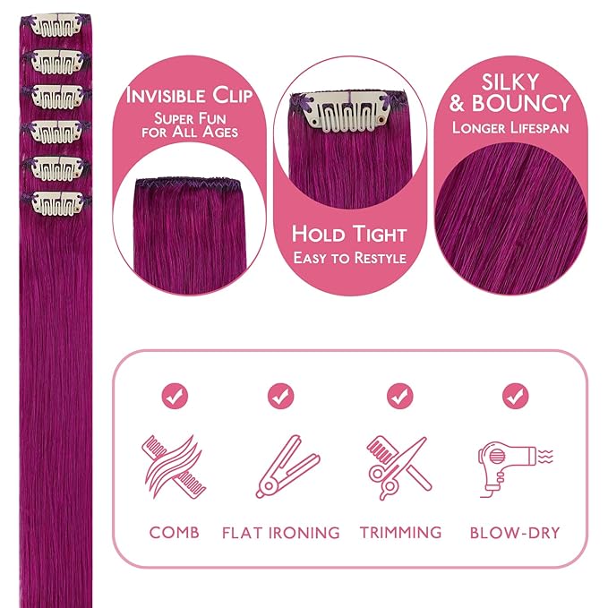 WENNALIFE Violet Clip in Hair Extensions Real Human Hair 35g 6pcs 16 Inch Colored Hair Extensions for Kids Women Colorful Hair Pieces Pop-up Style Straight Extensiones De Cabello Humano Con Clip