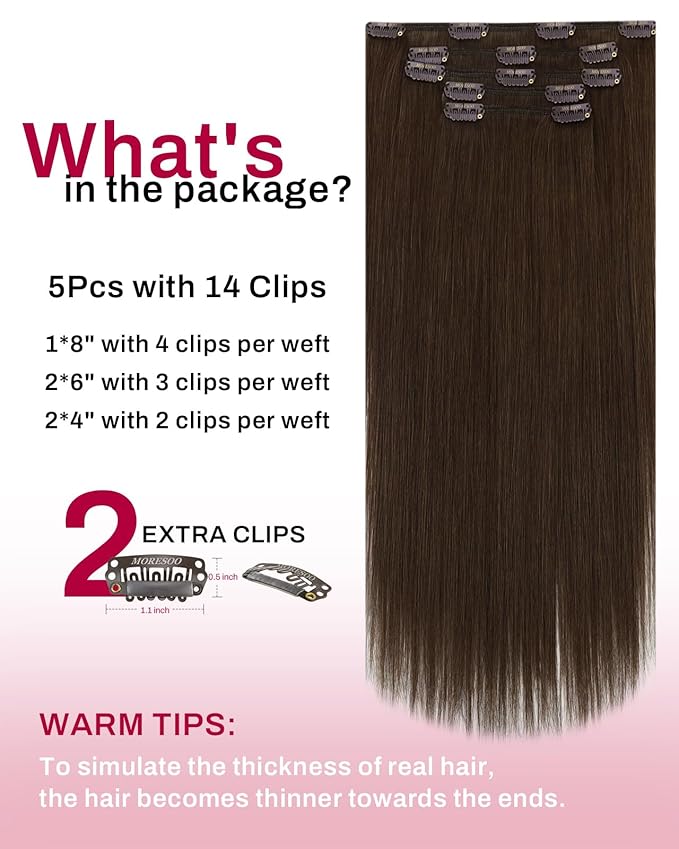 Moresoo Clip in Hair Extensions Remy Double Weft Human Hair Clip in Extensions Straight Hair Extensions for Women Medium Brown #4 5pcs 80g 10inch