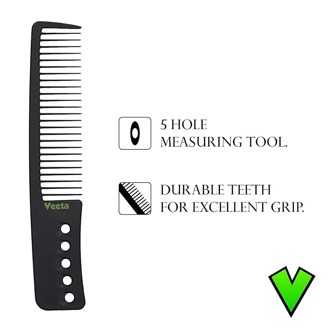 Veeta Professional Carbon Fiber Comb - Anti Static Heat & Chemical Resistant - Rat Tail, Styling, Wide Tooth, Wave Comb (Black)