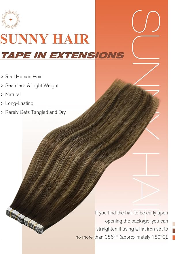 Sunny Hair Tape in Extensions for Women Real Hair 24 inch 100g Tape in Hair Extensions Human Hair Dark Brown Balayage Caramel Blonde Hair Extensions Tape in 40Pcs
