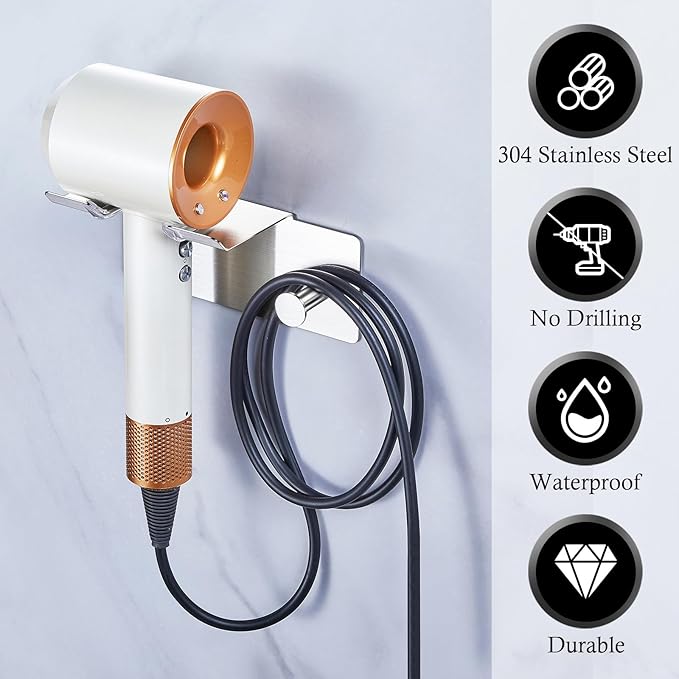 Hair Dryer Holder Wall Mount, Blow Dryer Holder for Wall, Adhesive Hairdryer Holders, Stainless Steel Blowdryer Holders Bathroom Hair Tool Organizer Hair Dryer Hanger Hook with Cord Storage (Silver)