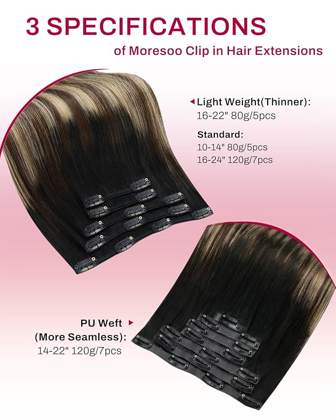 Moresoo Clip in Hair Extensions Real Human Hair Balayage Black to Dark Brown with Caramel Blonde 5pcs 80g Remy Straight Invisible Lace Double Weft Human Hair Clip in Extensions 22inch