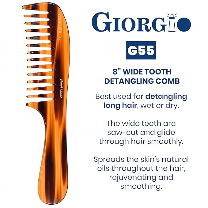 Giorgio G55 Wide Tooth Comb for Wet Hair Detangling, Hair Combs for Thin to Medium Thickness Hair Detangler, Hair Combs for Women, Handmade Large Tooth Rake Comb Saw-Cut and Hand Polished