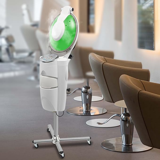 Professional Standing Hair Steamer for Salon & Home, 700W Ozone Steam Therapy with Light Scalp Care, Adjustable Height Hooded Dryer with 12 Light, Auto Shut-Off (White)