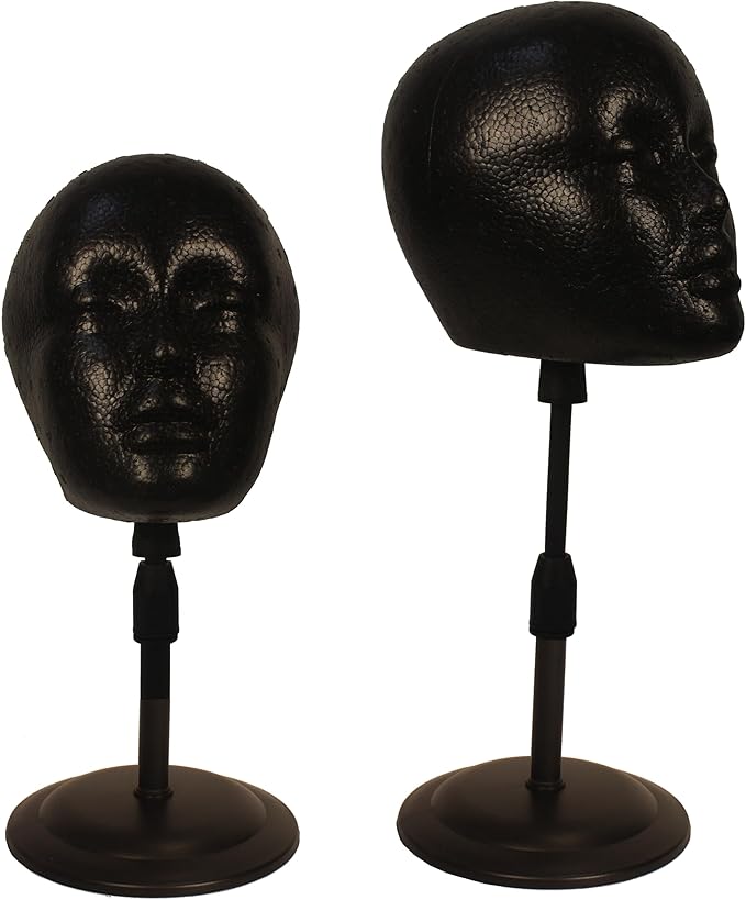 2 PACKS Adjustable wig or hat black styrofoam mannequin head holder stand (13”to 17”) (Black head 01)