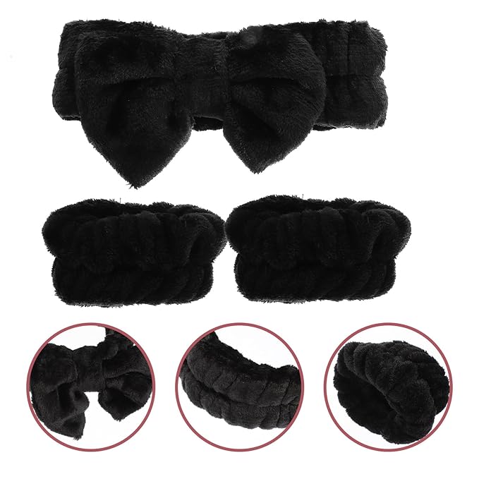 Water Absorbent Makeup Headbands and Wristbands Soft Wide Spa Hairbands for Women Non-slip Comfortable Face Cleaning and Bath Accessories Black Hair Wrap Kit