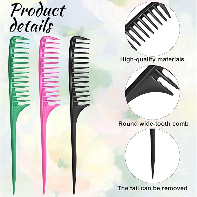 Wide Tooth Rat Tail Comb Set for Sectioning Styling Heat Resistant and Anti-Static Hair Detangling Combs for All Hair Types 3 Pcs