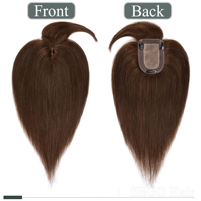 SEGO Hair Toppers for Women Real Human Hair with Thinning Hair, Toppers Hair Pieces Clip in Toppers Straight Hair Pieces with Front Bangs 150% Density Silk Base -8 Inch #4 Medium Brown