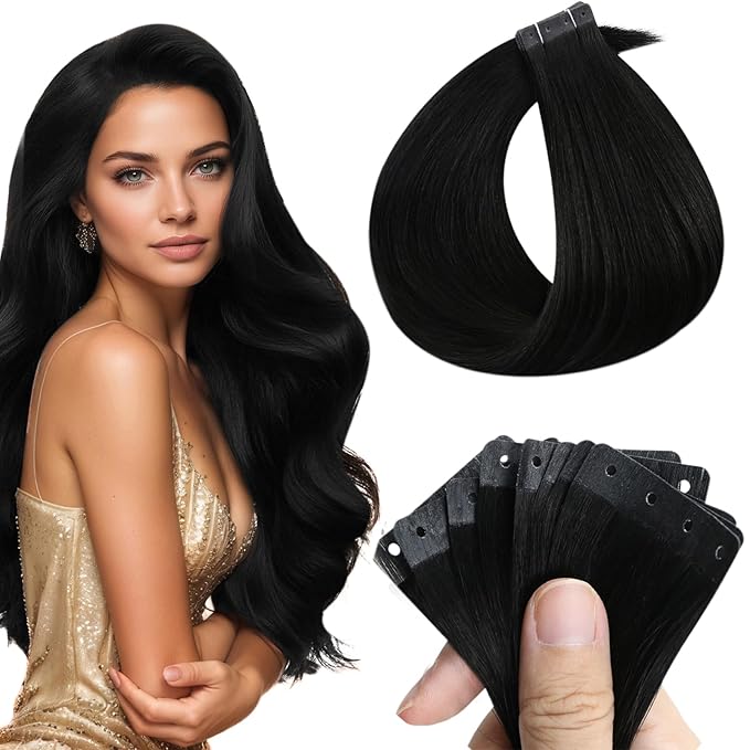 Full Shine Invisible Tape in Hair Extensions Human Hair Holed Tape in Extensions Color 1 Black 18Inch 20PCS Black Tape in Extensions Real Human Hair 50G Straight Seamless Glueless Soft Remy