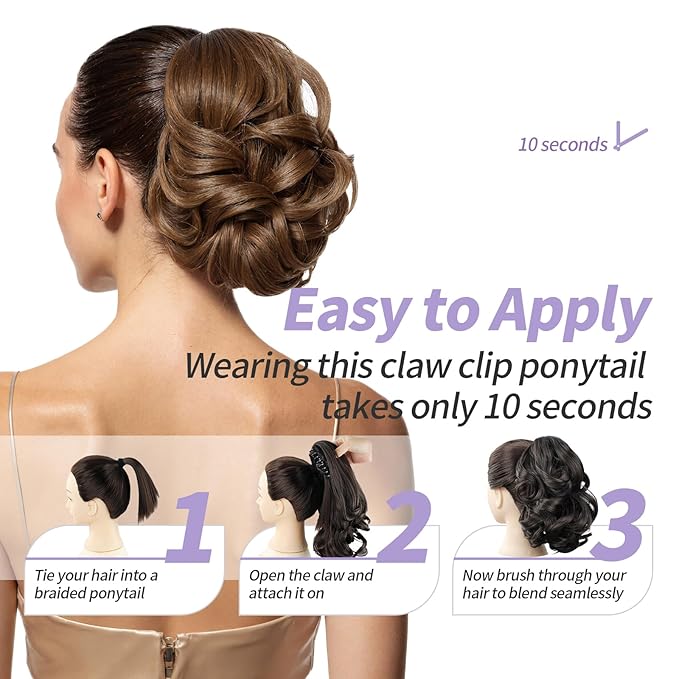 Brown Ponytail Extensions,9" Short Curly Wavy Claw Clip in Ponytails Hair Extensions Natural Soft Synthetic Hairpiece for Women
