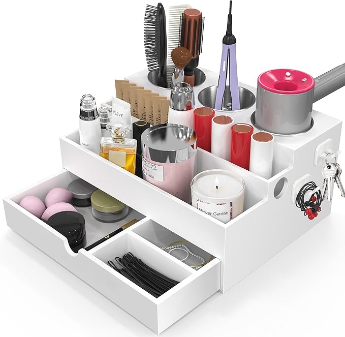 Hair Tool Organizer, Wood Hair Dryer Holder with Drawer & 3 Stainless Steel Cups, Versatile Bathroom Vanity Storage for Hair Styling Tools, Hot Tools, Brushes and Cosmetics - White