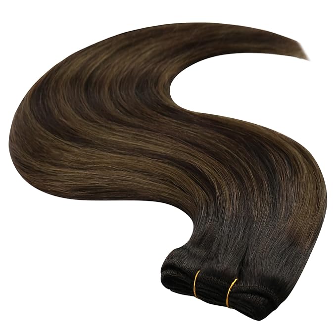 YoungSee Sew in Hair Extensions Real Human Hair Brown Balayage Weft Extensions Darkest Mixed Medium Brown Human Hair Sew in Extensions for Natural Look 16Inch 100G