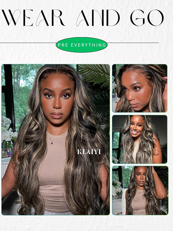 KLAIYI Bye Bye Knots Glueless Wig Human Hair 13x4 Balayage Highlight 3D Body Wave Precut Lace Front Wig with Baby Hair Black Mix Blonde Brown Pre Plucked Pre Bleached Knots Wig 30S Easy to Wear 22Inch