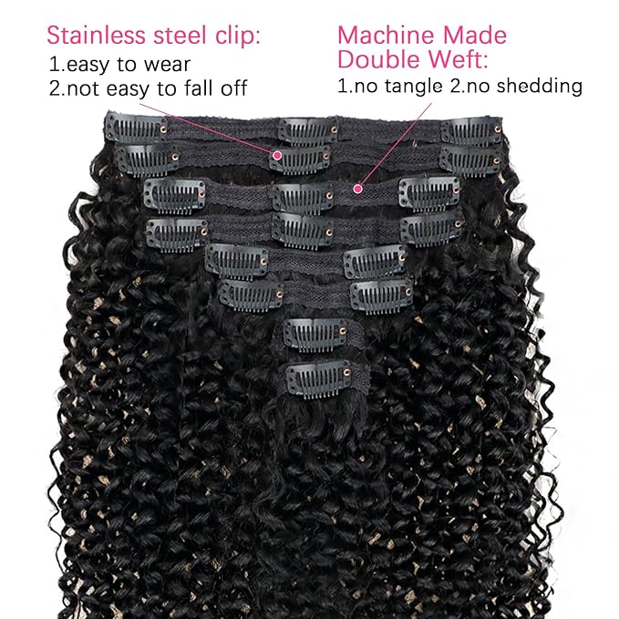 Curly Clip in Extension Human Hair 3C 4A Kinky Curly Clip Ins Full Head for Women Brazilian Remy Human Hair Natural Color 8 Pcs with 18 Clips 120g/Set (22 inch)