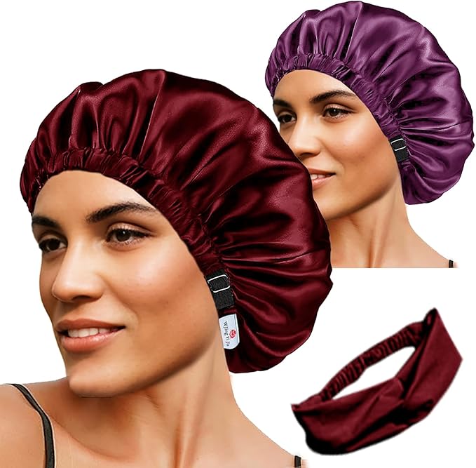 Hair Bonnets 3Pcs Satin Bonnet For Sleeping Silky Bonnets Womens Silk Bonnet Night Caps Curly Hair Sleep Cap For Women