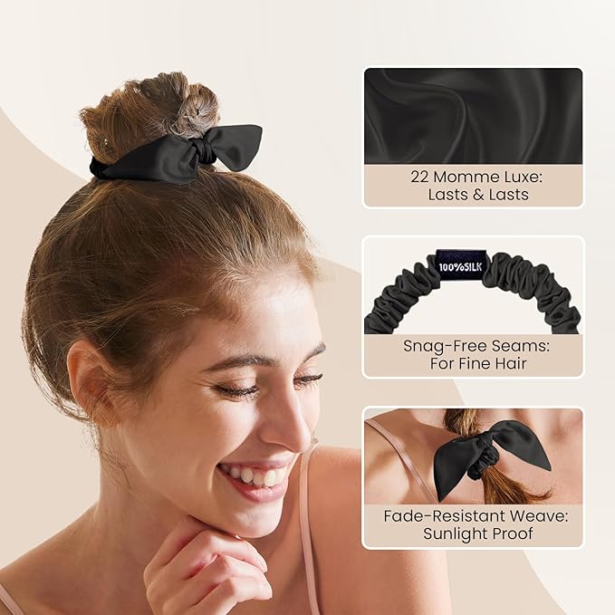 THXSILK 100% Mulberry Silk Bow Scrunchies 3-Pack, 22 Momme Mulberry Silk Hair Ties for Women, Cute Bunny Ear No Damage Ponytail Holders, Fashion Hair Accessories for Girls(S, Dark Colors)