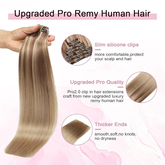 Pro2.0 Remy Clip in Extensions Real Human Hair Color #10/16/16 Ash Brown to Caramel Blonde Remy Clip in Hair Extensions Real Human Hair 18inch 120g Thick 7pcs Double Weft（#10/16/16-18inch）