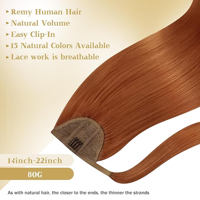 Ve Sunny Hair Extensions Ponytail Real Human Hair Wrap Around Clip in Ponytail Hair Extensions Straight Extensions Human Hair for Women Copper 22inch 80G