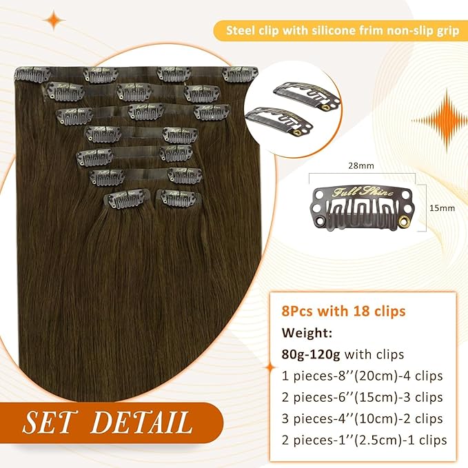 Full Shine Human Hair Clip in Extensions Brown Seamless Hair Extensions Clip in Medium Brown with PU Weft Real Human Hair Clip ins for Women 16 Inch 120 G 8 PCS