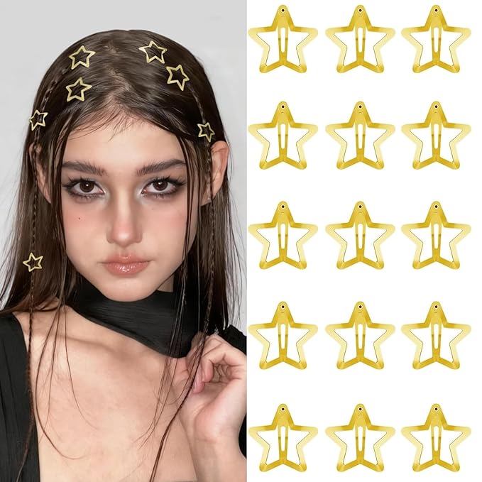Star Hair Clips 2000s Y2K Gold Star Hair Accessories Snap Hair Barrettes Non Slip Metal Hair Clips for Girls Women -15 PCS 1.57"