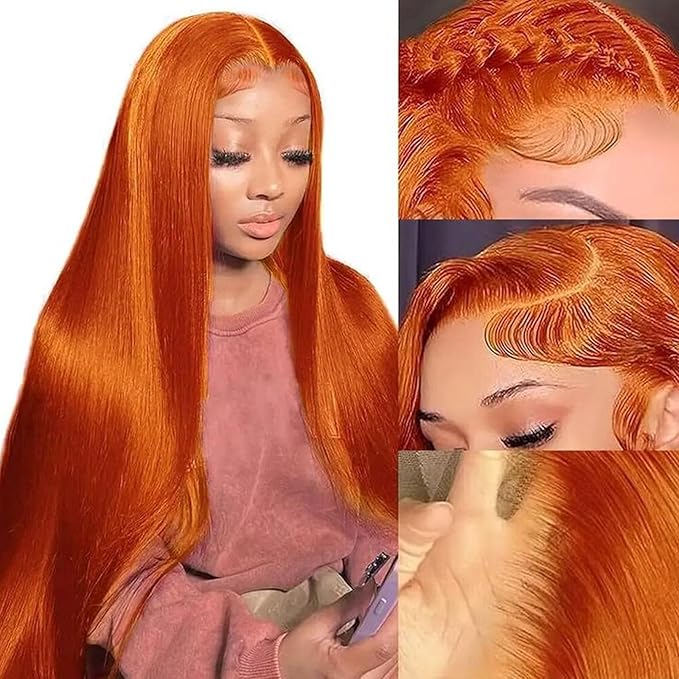Ginger Wig Human Hair 13x4 Straight Ginger Orange Lace Front Wigs Human Hair HD Transparent Lace Frontal 350 Colored Wig Pre Plucked 180% Density 30inch