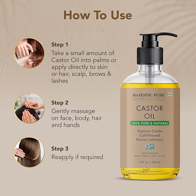 Majestic Pure Castor Oil with Glass Bottle - 100% Pure & Natural - Premium Grade, Cold Pressed, Hexane Free - Hair, Eyelashes, Eyebrows, Nails - Moisturizing & Nourishing - 8 Fl Oz