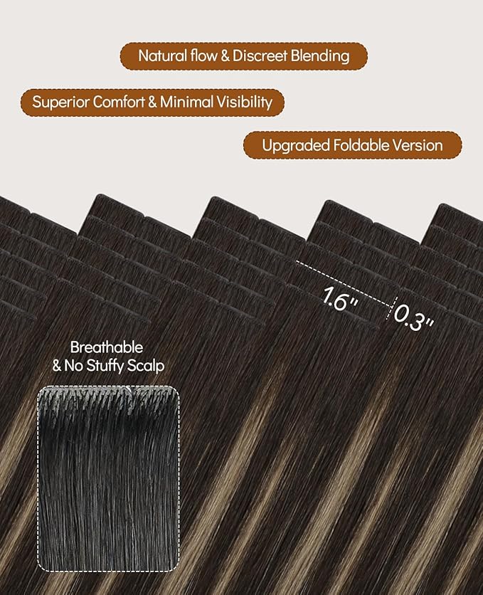 VINBAO Invisi Edge Tape in Extensions Human Hair, 14in 40g 20pcs Balayage Dark Brown Mixed Chestnut Brown Invisible Luxury Injected Tape in Hair Extensions 14inch #2/6/2