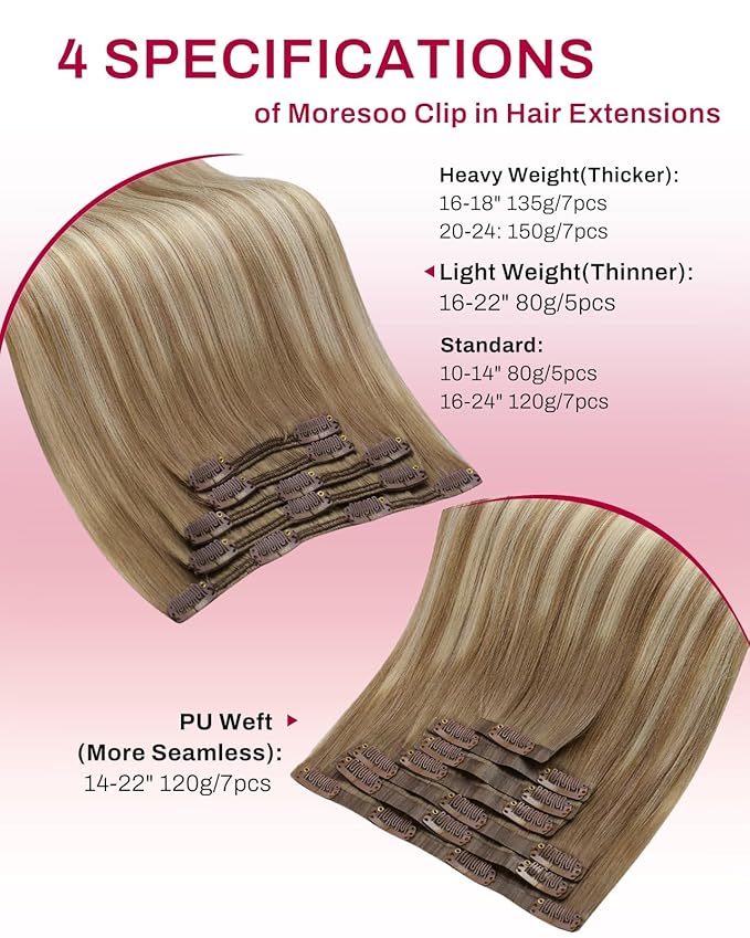 Moresoo Clip in Human Hair Extensions Blonde Balayage Remy Double Weft Human Hair Extensions Clip ins Ombre Light Brown with Golden Blonde 5pcs 80g 16inch