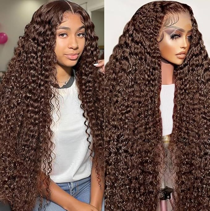 30 Inch Chocolate Brown Deep Wave Lace Front Wigs Human Hair Pre Plucked 200% Density 13x6 HD Lace Frontal Wigs with Baby Hair Deep Curly Wet and Wavy Glueless Wigs for Women (4# Brown, 30 Inch)
