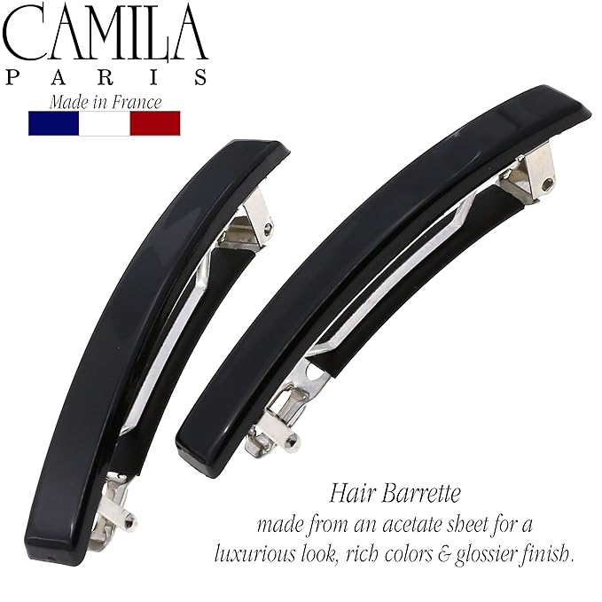 Camila Paris AD2/2 French Hair Barrette Clip for Girls, Set of 2 Black Small Rubberized Metal Clasp Strong Hold Grip Hair Clips for Women, No Slip Styling Girls Hair Accessories, Made in France