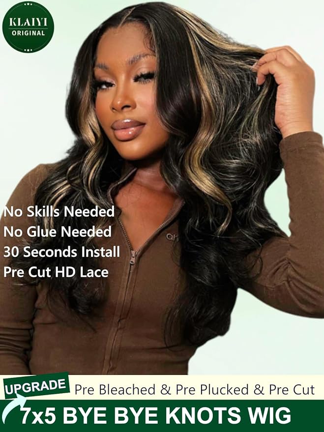 KLAIYI Bye Bye Knots Wear and Go Glueless Wig Highlight Blonde Body Wave 7x5 Precut HD Lace Front Wig Human Hair Pre Bleached Pre Plucked Ombre Wig with Dark Roots Chocolate Brown Ready to Wear 14Inch