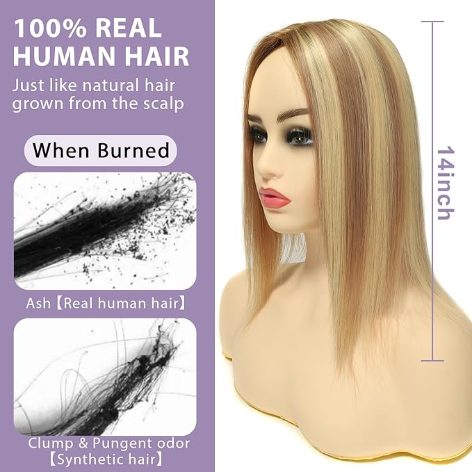 Real Human Hair Toppers for Women #TLQ, 3x5 Inch Injected Silk Base 130% Density 14 Inch Length Hair Toppers