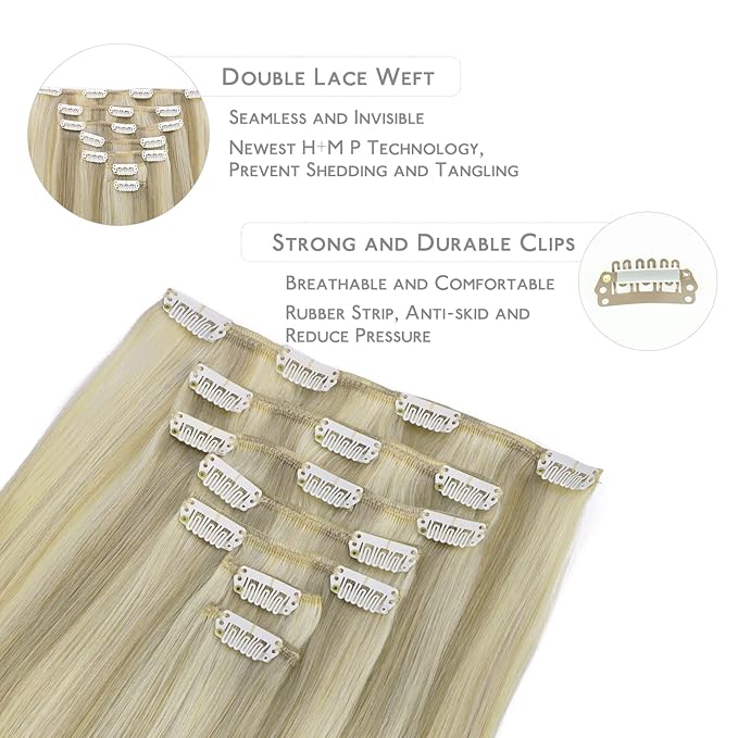 WENNALIFE Clip in Hair Extensions Real Human Hair, 12 Inch 80g 7pcs Remy Hair, Ash Blonde Highlighted Platinum Blonde Straight Natural Extensiones De Cabello Humano Con Clip Ins
